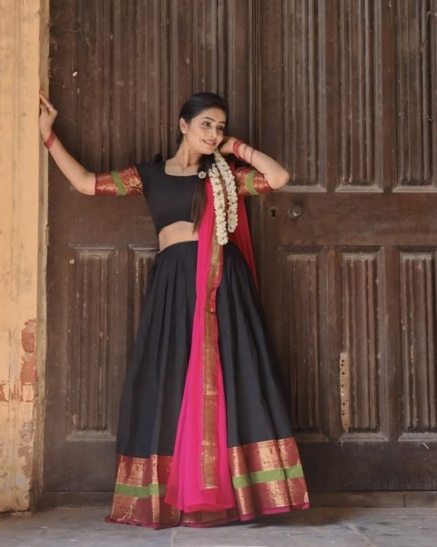 Advanced Pink Black Kanchi Cotton Lehenga Choli with Plain Georgette Lace Border Dupatta Half Saree Lehenga