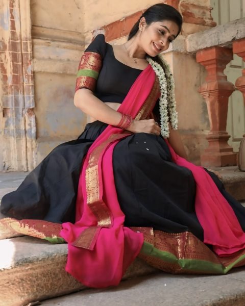 Advanced Pink Black Kanchi Cotton Lehenga Choli with Plain Georgette Lace Border Dupatta Half Saree Lehenga