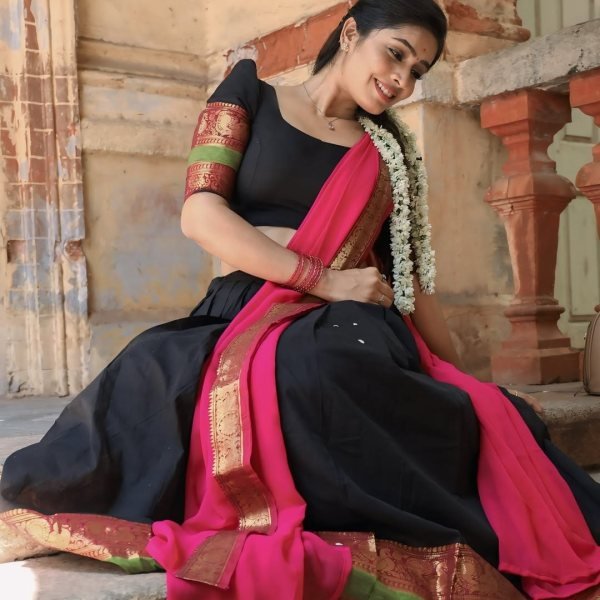 Advanced Pink Black Kanchi Cotton Lehenga Choli with Plain Georgette Lace Border Dupatta Half Saree Lehenga