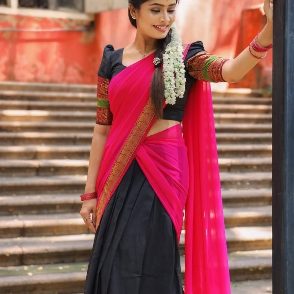 Advanced Pink Black Kanchi Cotton Lehenga Choli with Plain Georgette Lace Border Dupatta Half Saree Lehenga