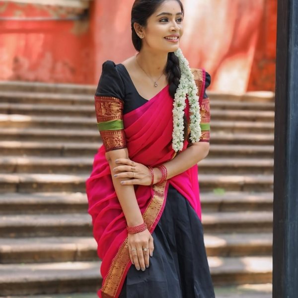 Advanced Pink Black Kanchi Cotton Lehenga Choli with Plain Georgette Lace Border Dupatta Half Saree Lehenga