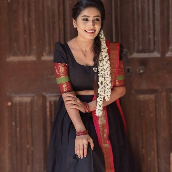 Advanced Pink Black Kanchi Cotton Lehenga Choli with Plain Georgette Lace Border Dupatta Half Saree Lehenga
