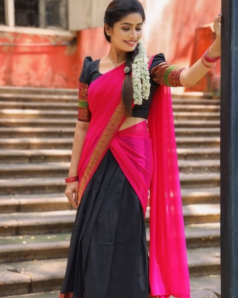 Advanced Pink Black Kanchi Cotton Lehenga Choli with Plain Georgette Lace Border Dupatta Half Saree Lehenga