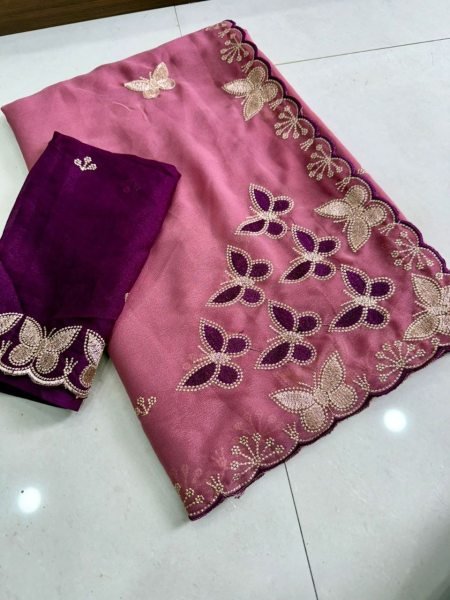Advanced Pink Georgette Saree featuring Cutwork Border and Floral Embroidery Embroidery Sarees Wholesale