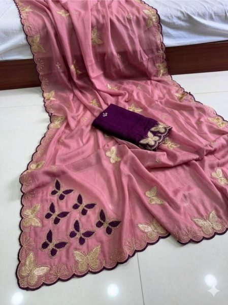 Advanced Pink Georgette Saree featuring Cutwork Border and Floral Embroidery Embroidery Sarees Wholesale