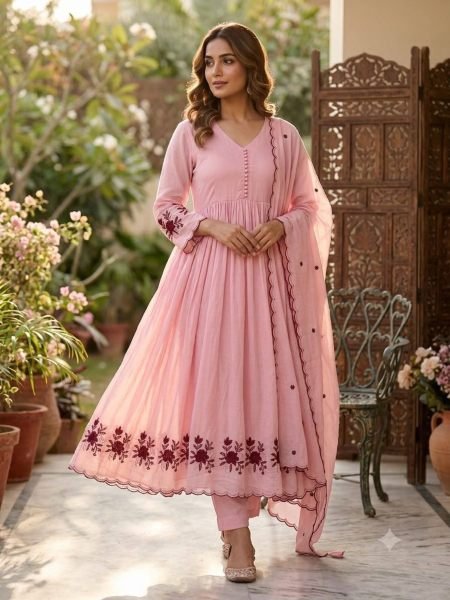 Advanced Pink Sequence Pipe Embroidered Mul Chanderi Gown with Dupatta Ready To Wear Suit