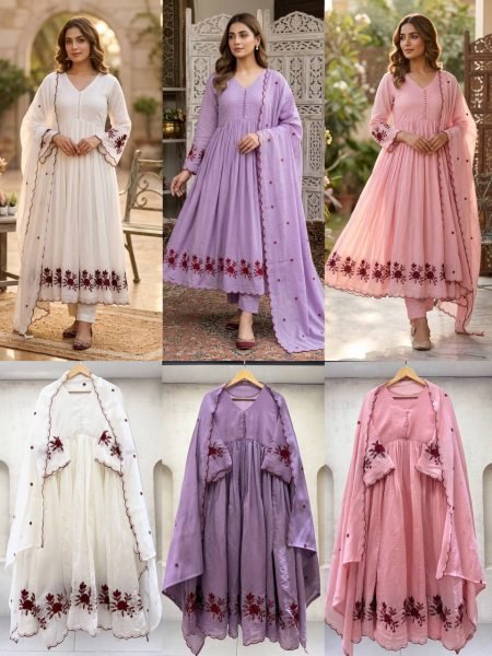 Advanced Pink Sequence Pipe Embroidered Mul Chanderi Gown with Dupatta Ready To Wear Collection