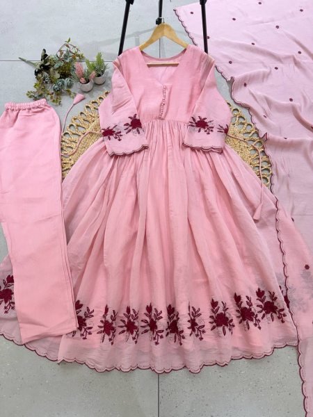 Advanced Pink Sequence Pipe Embroidered Mul Chanderi Gown with Dupatta Ready To Wear Collection