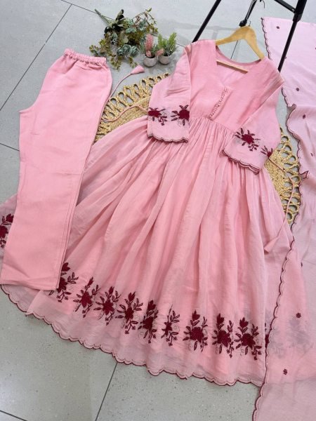 Advanced Pink Sequence Pipe Embroidered Mul Chanderi Gown with Dupatta Ready To Wear Collection