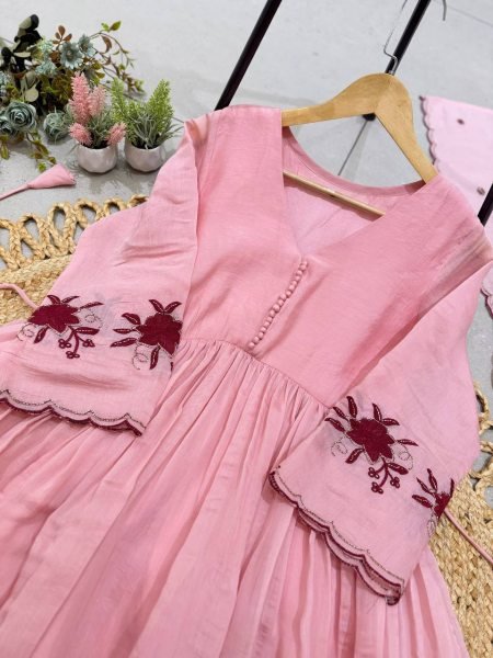 Advanced Pink Sequence Pipe Embroidered Mul Chanderi Gown with Dupatta Ready To Wear Collection