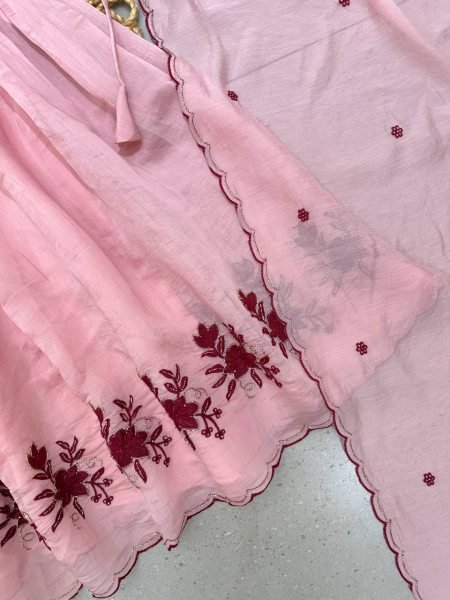 Advanced Pink Sequence Pipe Embroidered Mul Chanderi Gown with Dupatta Ready To Wear Collection