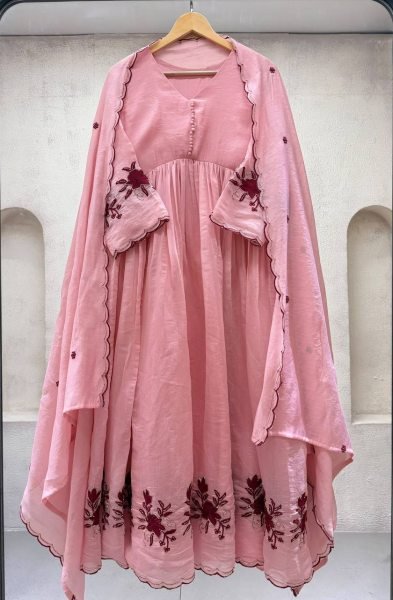 Advanced Pink Sequence Pipe Embroidered Mul Chanderi Gown with Dupatta Ready To Wear Collection