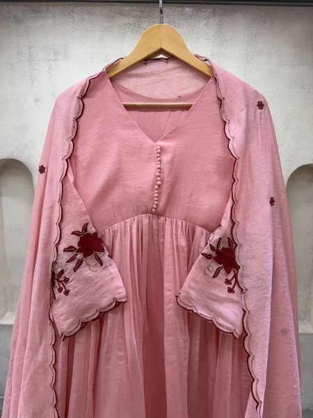 Advanced Pink Sequence Pipe Embroidered Mul Chanderi Gown with Dupatta Ready To Wear Collection