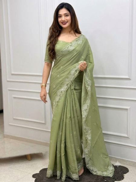 Advanced Pista Korean Tusser Saree with Thread Zari Embroidery Work 