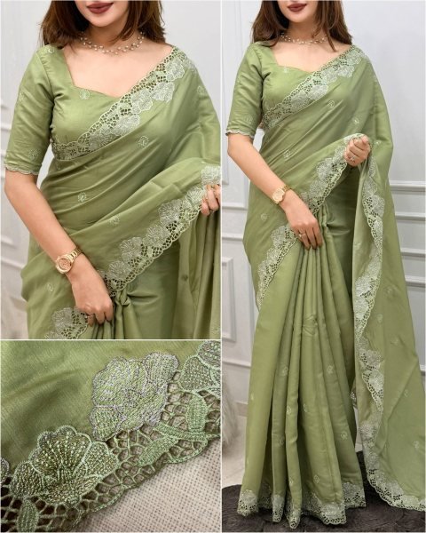 Advanced Pista Korean Tusser Saree with Thread Zari Embroidery Work Designer Wedding Sarees Wholesale