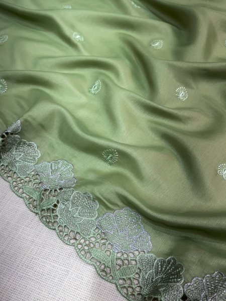 Advanced Pista Korean Tusser Saree with Thread Zari Embroidery Work Designer Wedding Sarees Wholesale