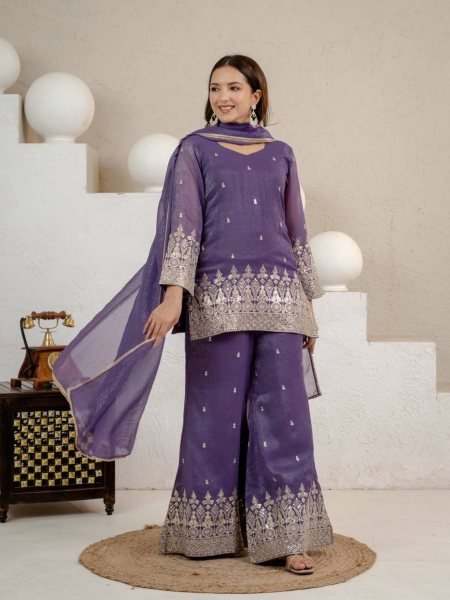 Advanced Purple Crunchy Short Palazzo Set With Embroidery Work And Zig zag Back Design 