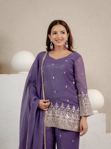Advanced Purple Crunchy Short Palazzo Set With Embroidery Work And Zig zag Back Design Ready To Wear Collection