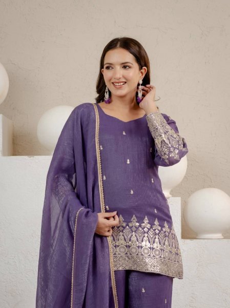 Advanced Purple Crunchy Short Palazzo Set With Embroidery Work And Zig zag Back Design Ready To Wear Collection