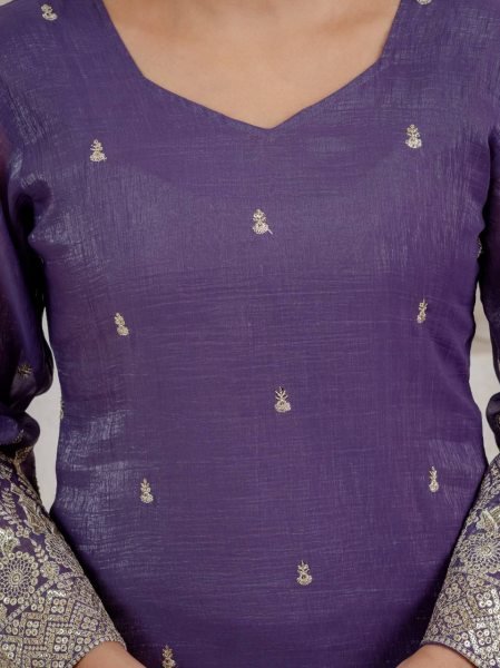 Advanced Purple Crunchy Short Palazzo Set With Embroidery Work And Zig zag Back Design Ready To Wear Collection