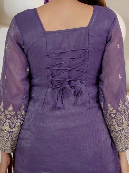 Advanced Purple Crunchy Short Palazzo Set With Embroidery Work And Zig zag Back Design Ready To Wear Collection