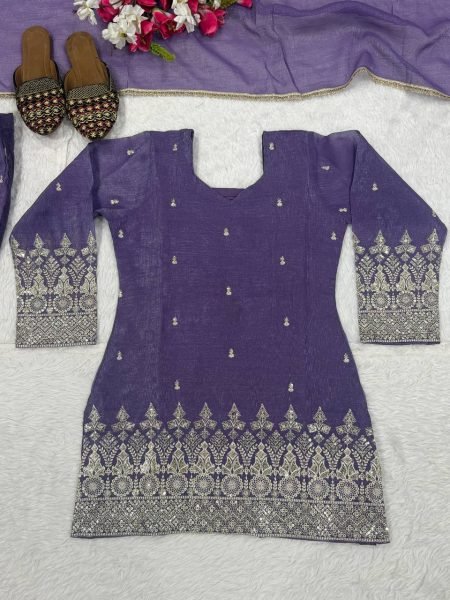Advanced Purple Crunchy Short Palazzo Set With Embroidery Work And Zig zag Back Design Ready To Wear Collection