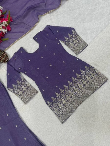 Advanced Purple Crunchy Short Palazzo Set With Embroidery Work And Zig zag Back Design Ready To Wear Collection