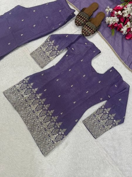 Advanced Purple Crunchy Short Palazzo Set With Embroidery Work And Zig zag Back Design Ready To Wear Collection