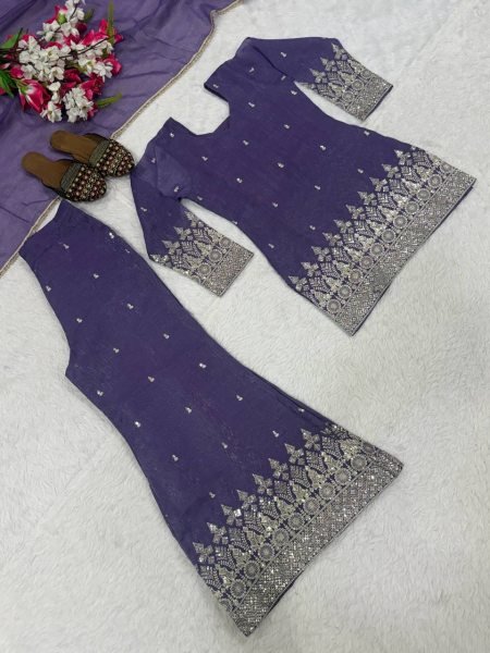 Advanced Purple Crunchy Short Palazzo Set With Embroidery Work And Zig zag Back Design Ready To Wear Collection