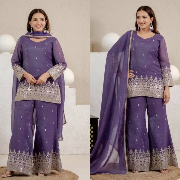 Advanced Purple Crunchy Short Palazzo Set With Embroidery Work And Zig zag Back Design Ready To Wear Collection