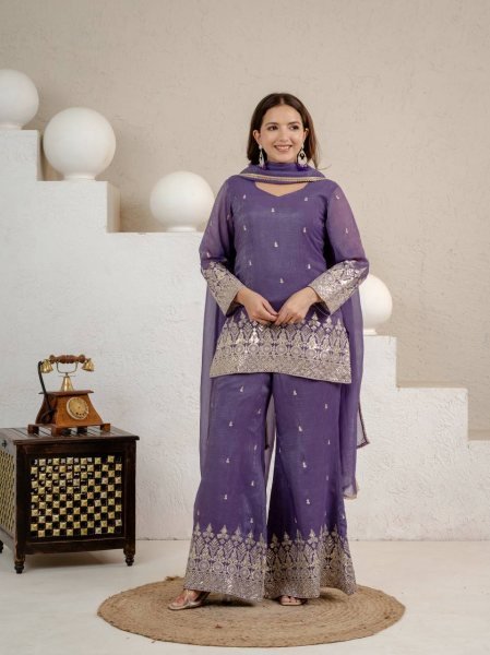 Advanced Purple Crunchy Short Palazzo Set With Embroidery Work And Zig zag Back Design Ready To Wear Collection