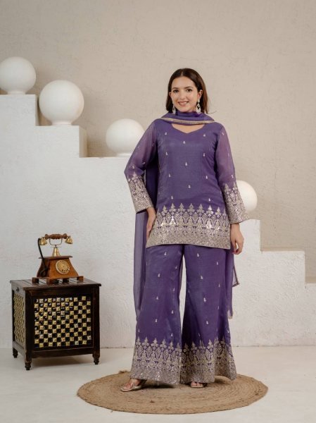 Advanced Purple Crunchy Short Palazzo Set With Embroidery Work And Zig zag Back Design Ready To Wear Collection