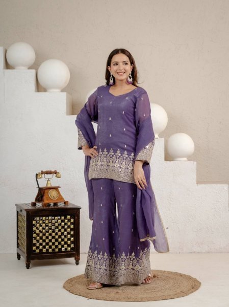 Advanced Purple Crunchy Short Palazzo Set With Embroidery Work And Zig zag Back Design Ready To Wear Collection