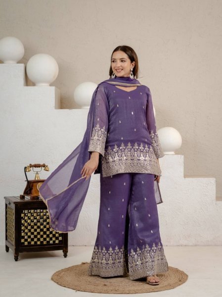 Advanced Purple Crunchy Short Palazzo Set With Embroidery Work And Zig zag Back Design Ready To Wear Collection