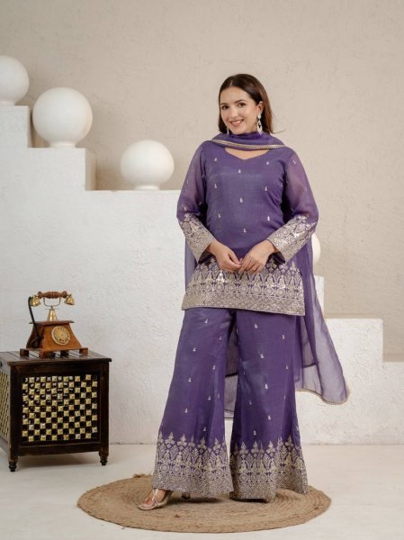 Advanced Purple Crunchy Short Palazzo Set With Embroidery Work And Zig zag Back Design Ready To Wear Collection