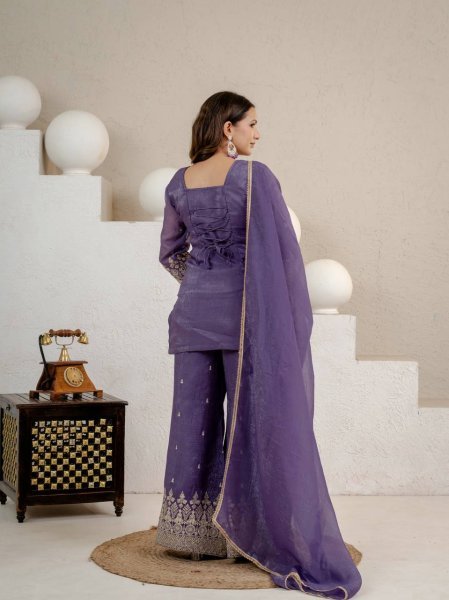 Advanced Purple Crunchy Short Palazzo Set With Embroidery Work And Zig zag Back Design Ready To Wear Collection