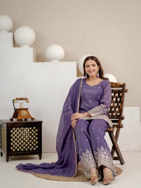 Advanced Purple Crunchy Short Palazzo Set With Embroidery Work And Zig zag Back Design Ready To Wear Collection