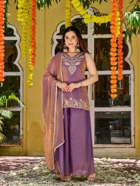 Advanced Purple Festival Wear Fendy Satin Embroidered Suit Set with Premium Satin Dupatta 