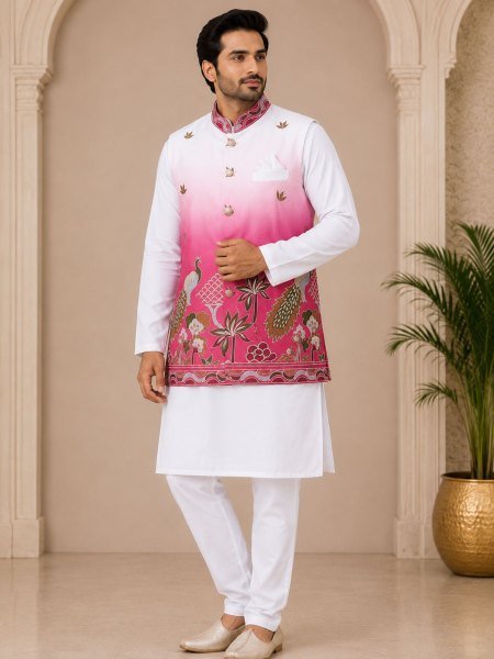 Advanced Purple Men s Kurta Koti Set with Designer Front and Back Embroidery Mens Wear