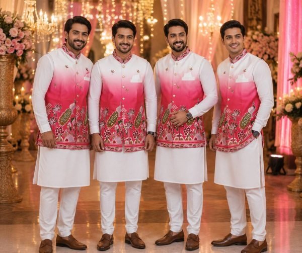 Advanced Purple Men s Kurta Koti Set with Designer Front and Back Embroidery Kurta Pajama Wholesale