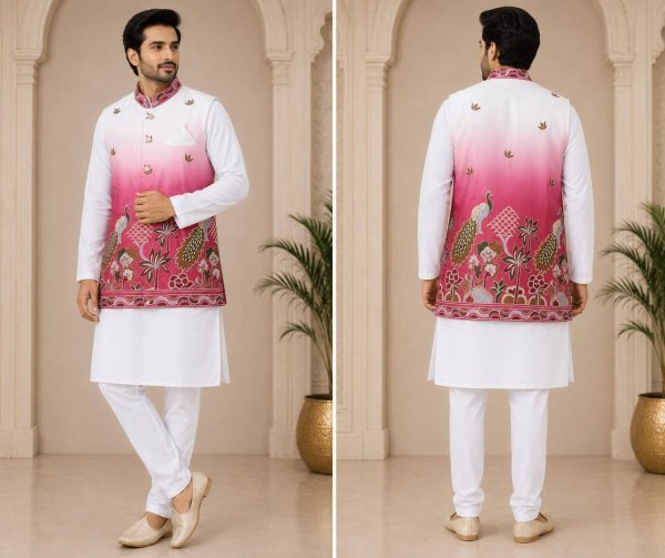 Advanced Purple Men s Kurta Koti Set with Designer Front and Back Embroidery Kurta Pajama Wholesale