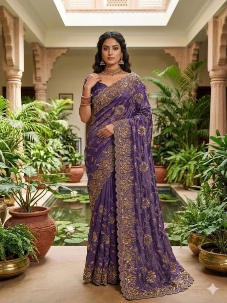 Advanced Purple Satin Silk Saree with Cutwork Border for Festive Wear at Wholesale Price Sarees 