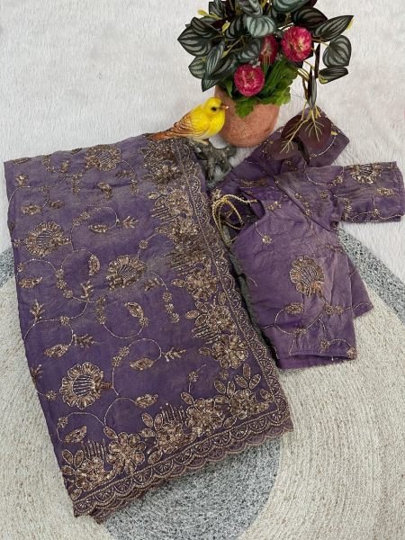 Advanced Purple Satin Silk Saree with Cutwork Border for Festive Wear at Wholesale Price Silk Sarees Wholesale