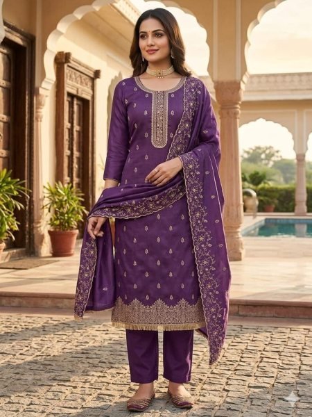 Advanced Purple Unstitched Salwar Suit Material with Jalpari Silk Dupatta Dress Material 