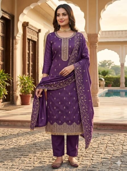 Advanced Purple Unstitched Salwar Suit Material with Jalpari Silk Dupatta Color Set Matching Dress Material Wholesale