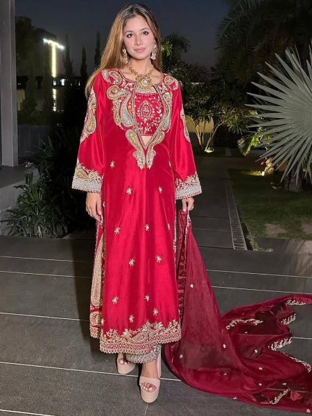 Advanced Quality Red Chinon Embroidered Kurti Blouse Pant Set with Georgette Dupatta 