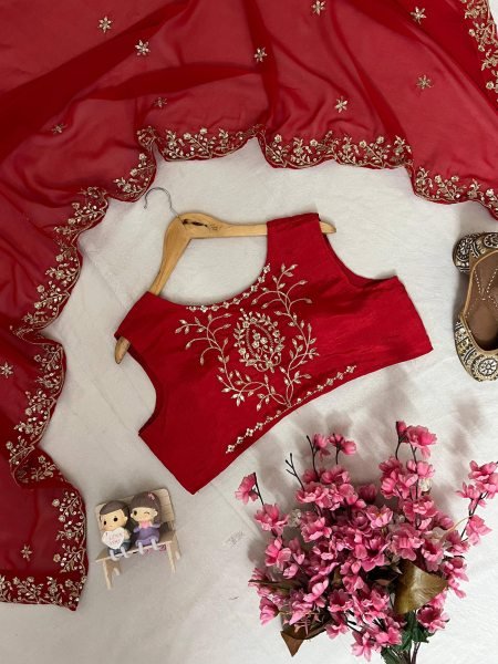 Advanced Quality Red Chinon Embroidered Kurti Blouse Pant Set with Georgette Dupatta Ready To Wear Collection
