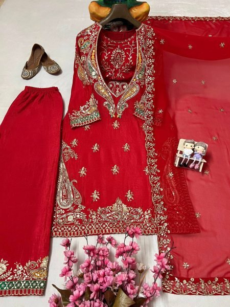 Advanced Quality Red Chinon Embroidered Kurti Blouse Pant Set with Georgette Dupatta Ready To Wear Collection