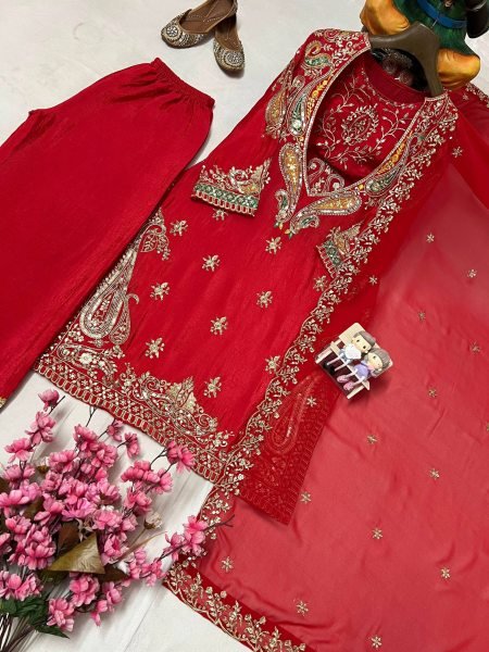 Advanced Quality Red Chinon Embroidered Kurti Blouse Pant Set with Georgette Dupatta Ready To Wear Collection