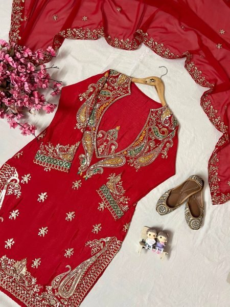 Advanced Quality Red Chinon Embroidered Kurti Blouse Pant Set with Georgette Dupatta Ready To Wear Collection